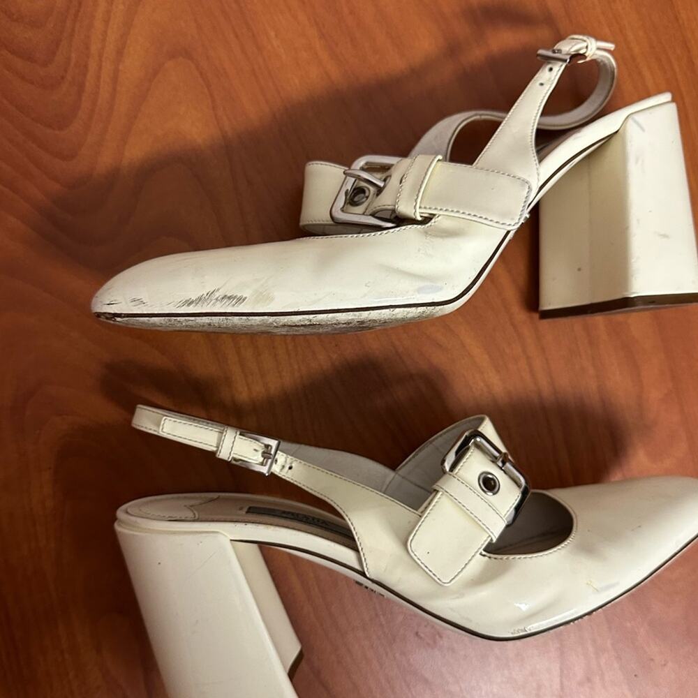 Prada Off White Patent Leather Mary Jane Slingback Block Heel Pumps Size 37.5 - Picture 5 of 16